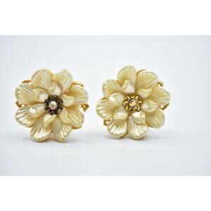 Judy Lee Vintage Clip On Earrings Rhinestone Gold Pearl Flower Petal Signed BinC
